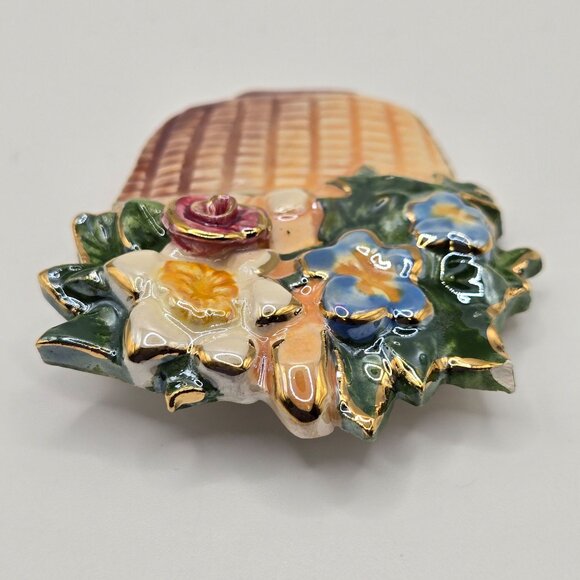VTG Brooch Handpainted Ceramic Floral Basket Cottage Granny Core Boho Summer Pin - Picture 12 of 15